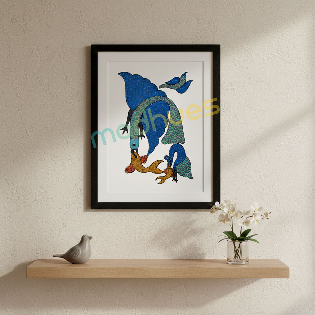 Gond Art Hand-Painted Bird and Fish Paper Painting
