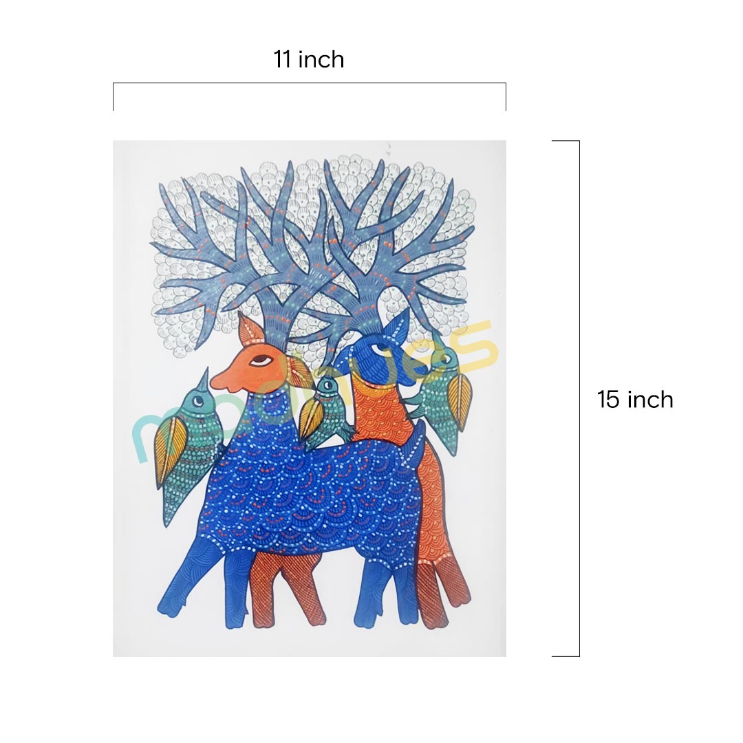 Original Gond Art Painting - Blue Deer and Sacred Tree