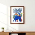 Original Gond Art Painting - Blue Deer and Sacred Tree