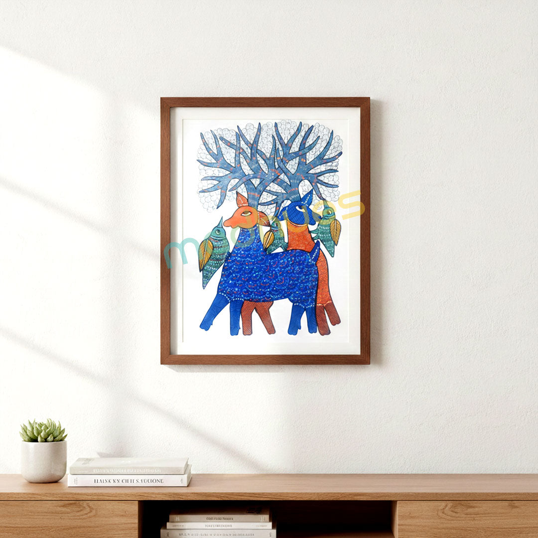 Original Gond Art Painting - Blue Deer and Sacred Tree