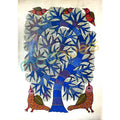Gond Art Blue Tree and Birds Hand-Painted Paper Artwork