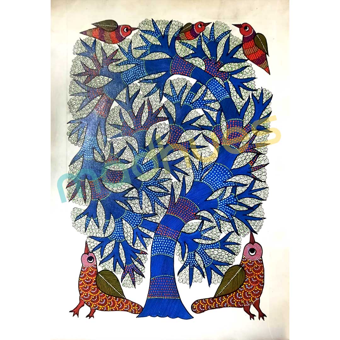 Gond Art Blue Tree and Birds Hand-Painted Paper Artwork