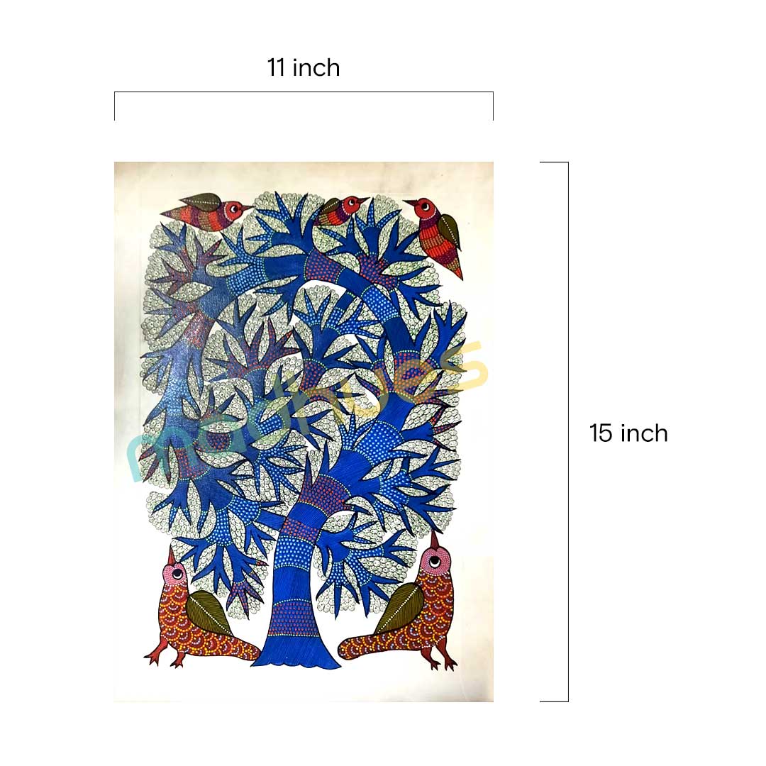 Gond Art Blue Tree and Birds Hand-Painted Paper Artwork