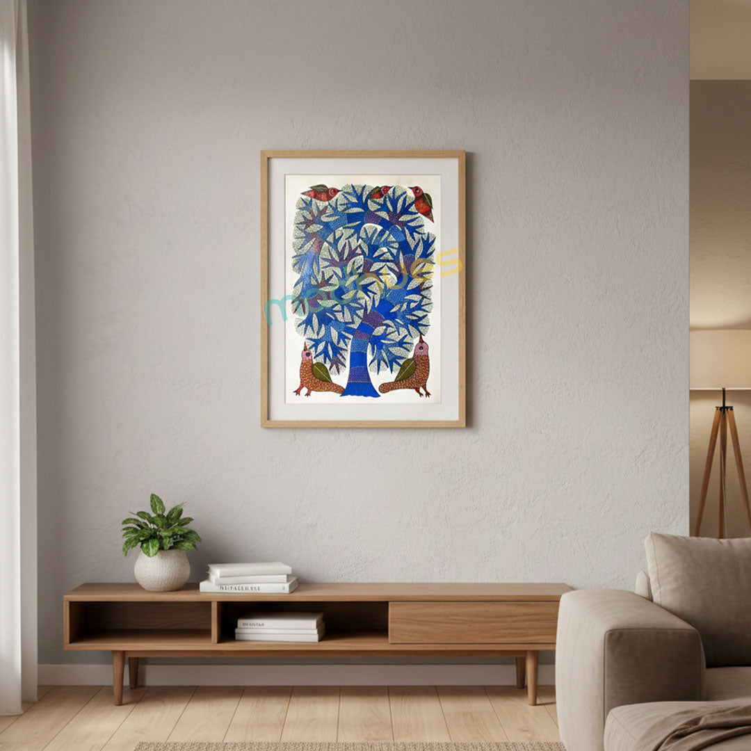 Gond Art Blue Tree and Birds Hand-Painted Paper Artwork