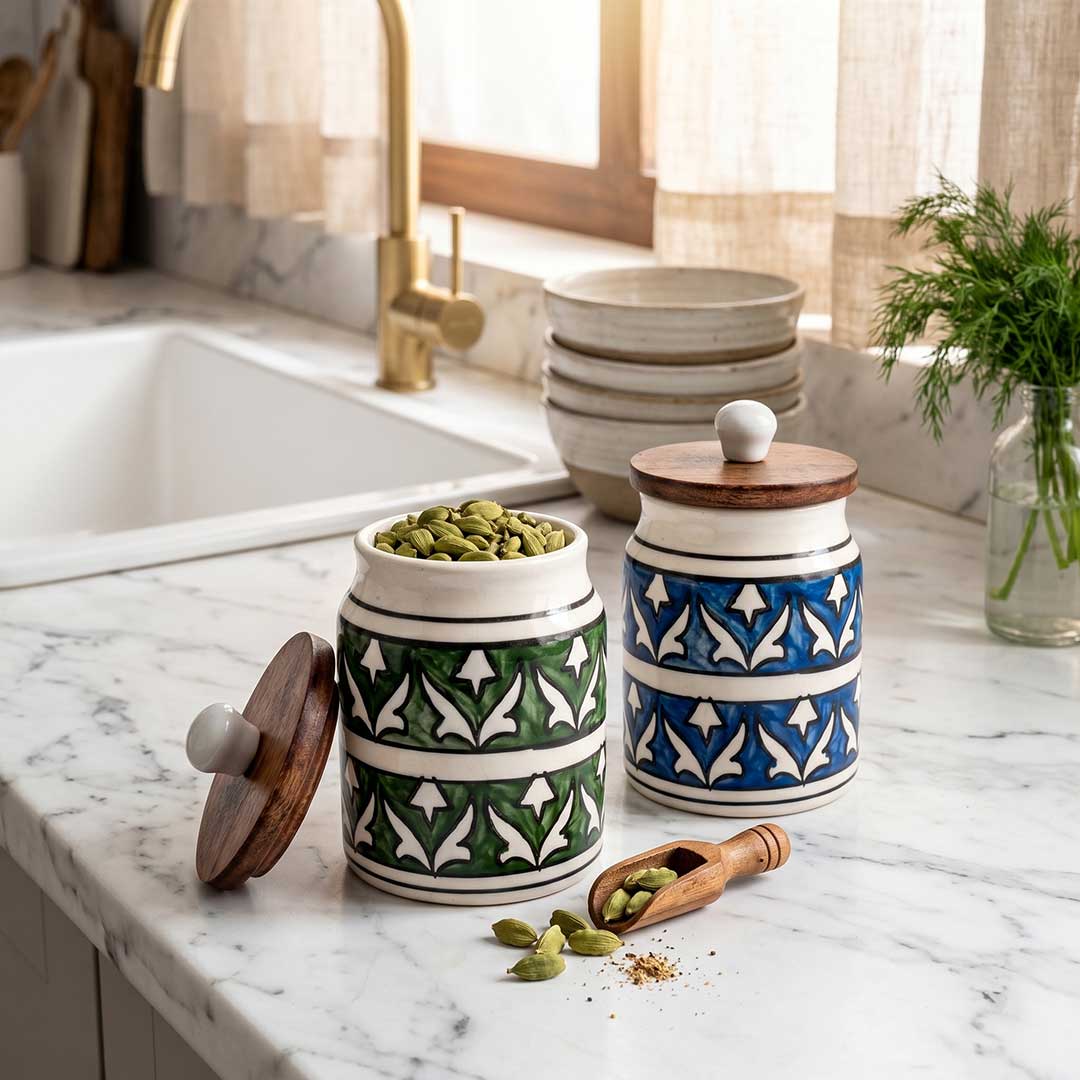 Hand-Painted Assorted Ceramic Jar with Wooden Lid Set