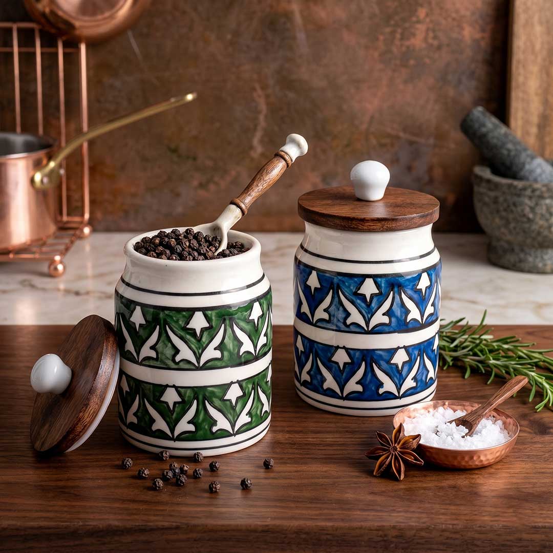 Hand-Painted Assorted Ceramic Jar with Wooden Lid Set