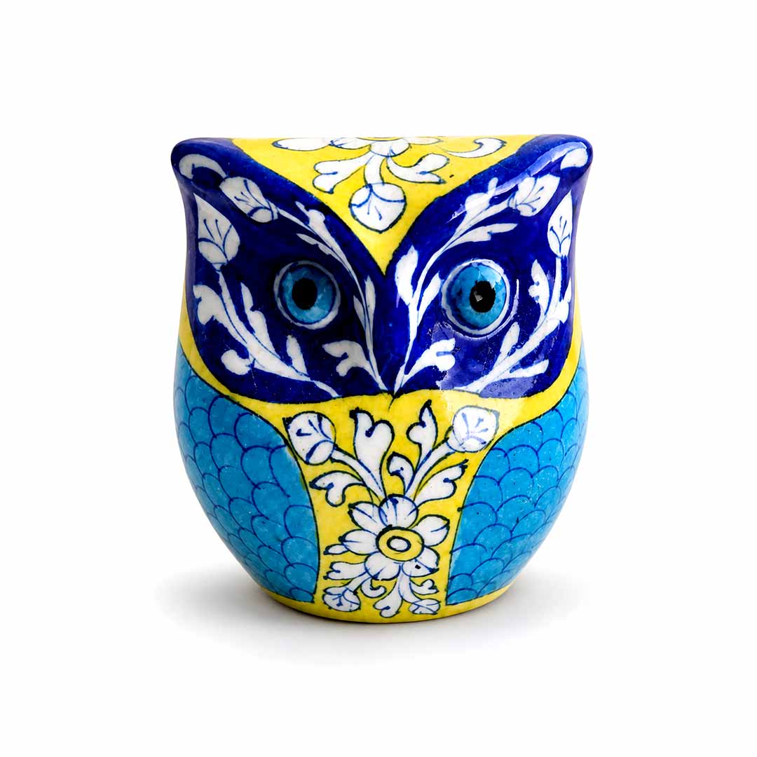 Exotic Hand-Painted Blue Pottery Owl Sculpture