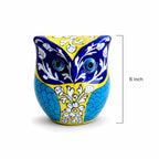 Exotic Hand-Painted Blue Pottery Owl Sculpture