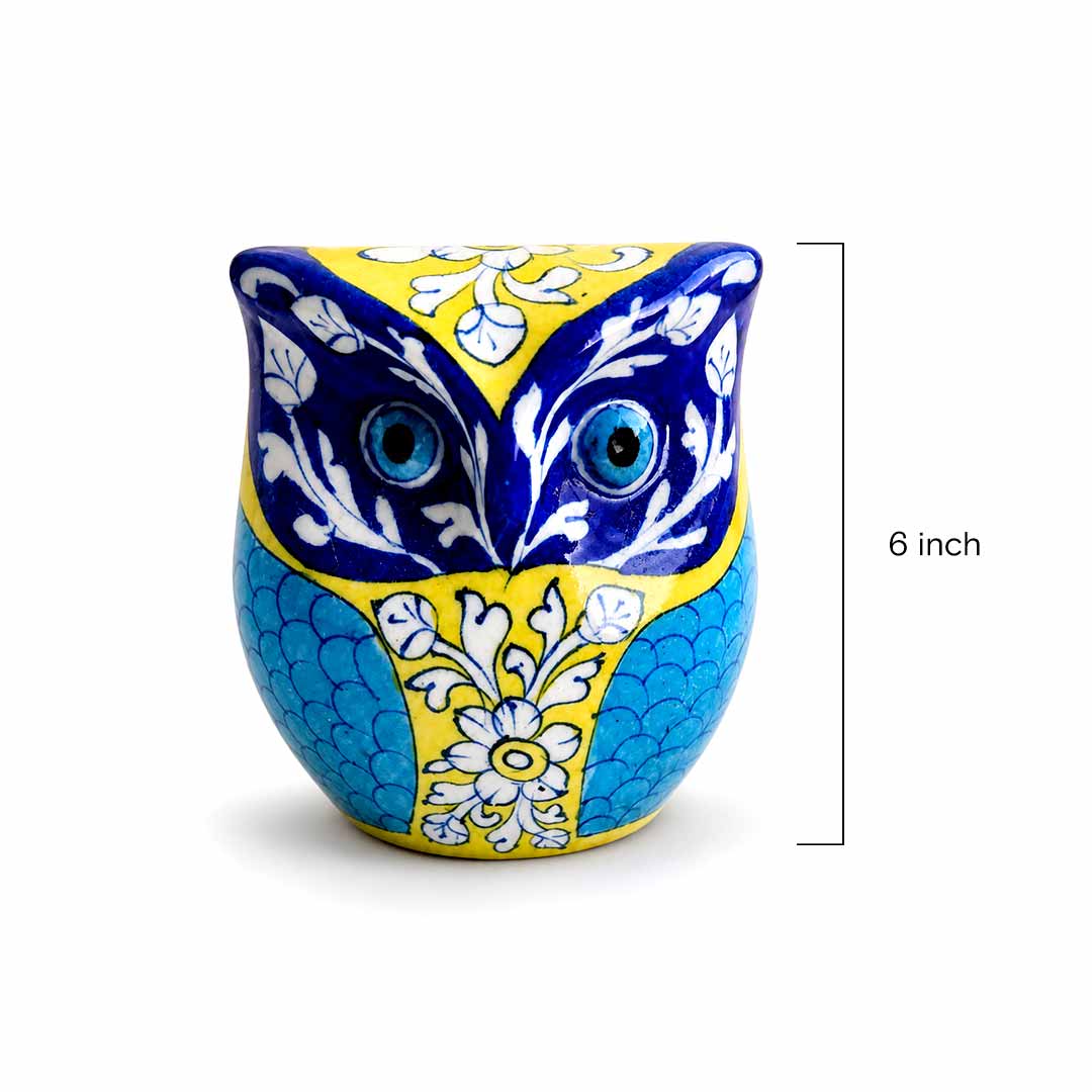 Exotic Hand-Painted Blue Pottery Owl Sculpture