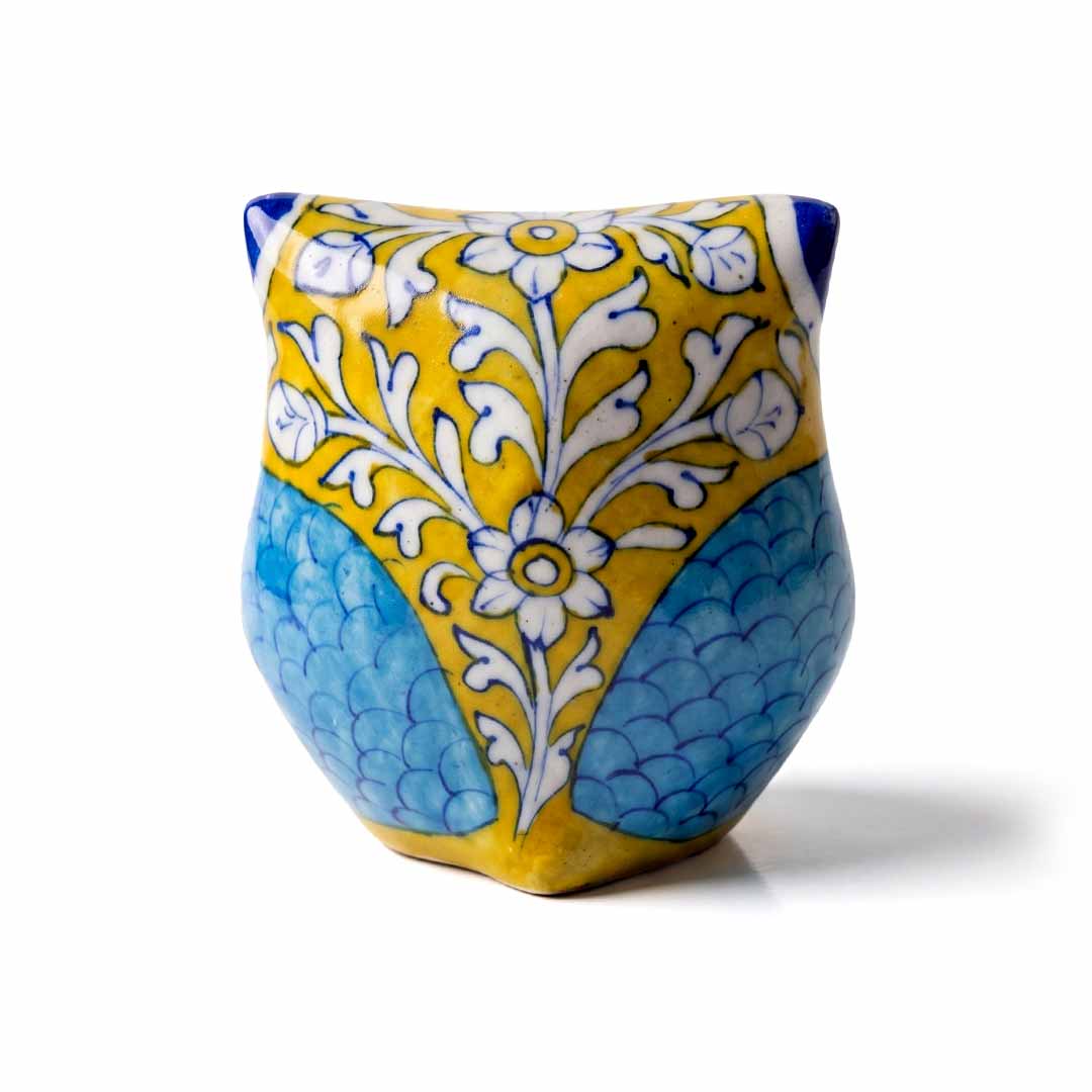 Exotic Hand-Painted Blue Pottery Owl Sculpture