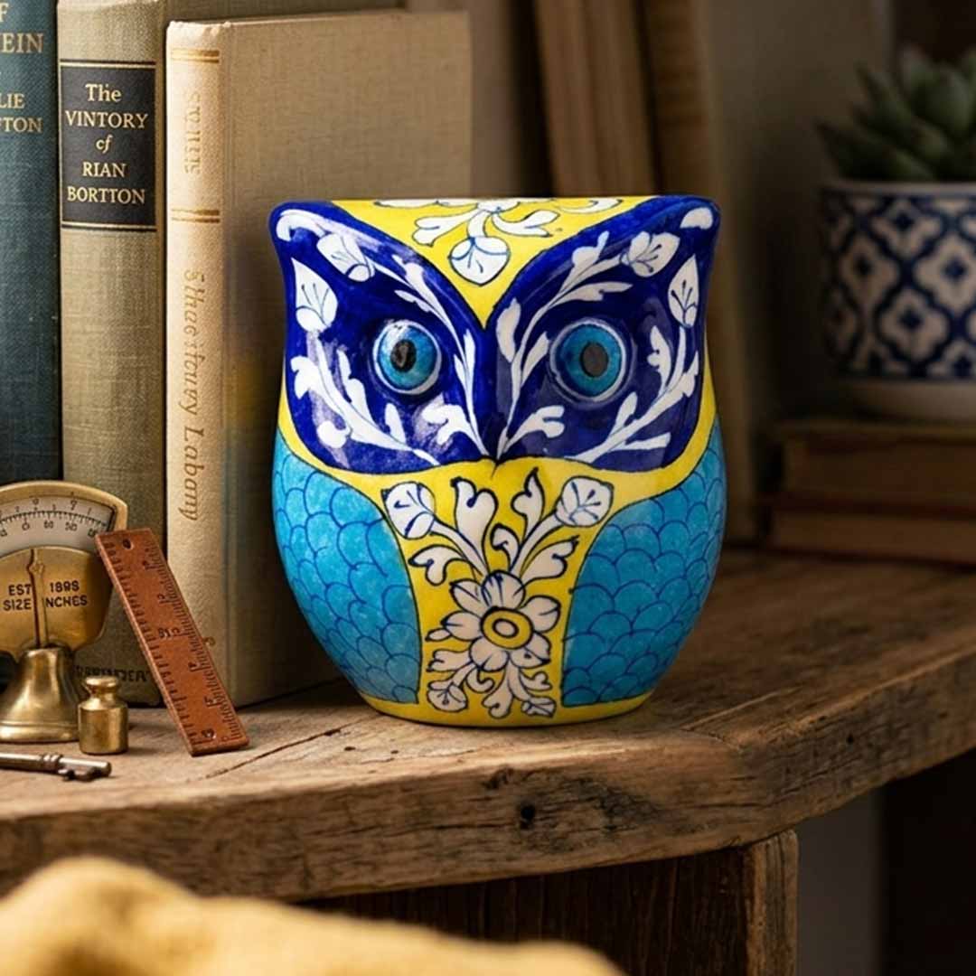 Exotic Hand-Painted Blue Pottery Owl Sculpture