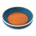 Kashi Grass Teal Woven Serving Tray with Polished Wood Base