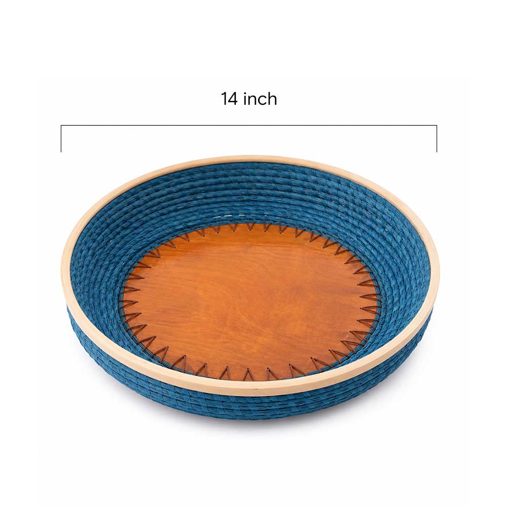 Kashi Grass Teal Woven Serving Tray with Polished Wood Base