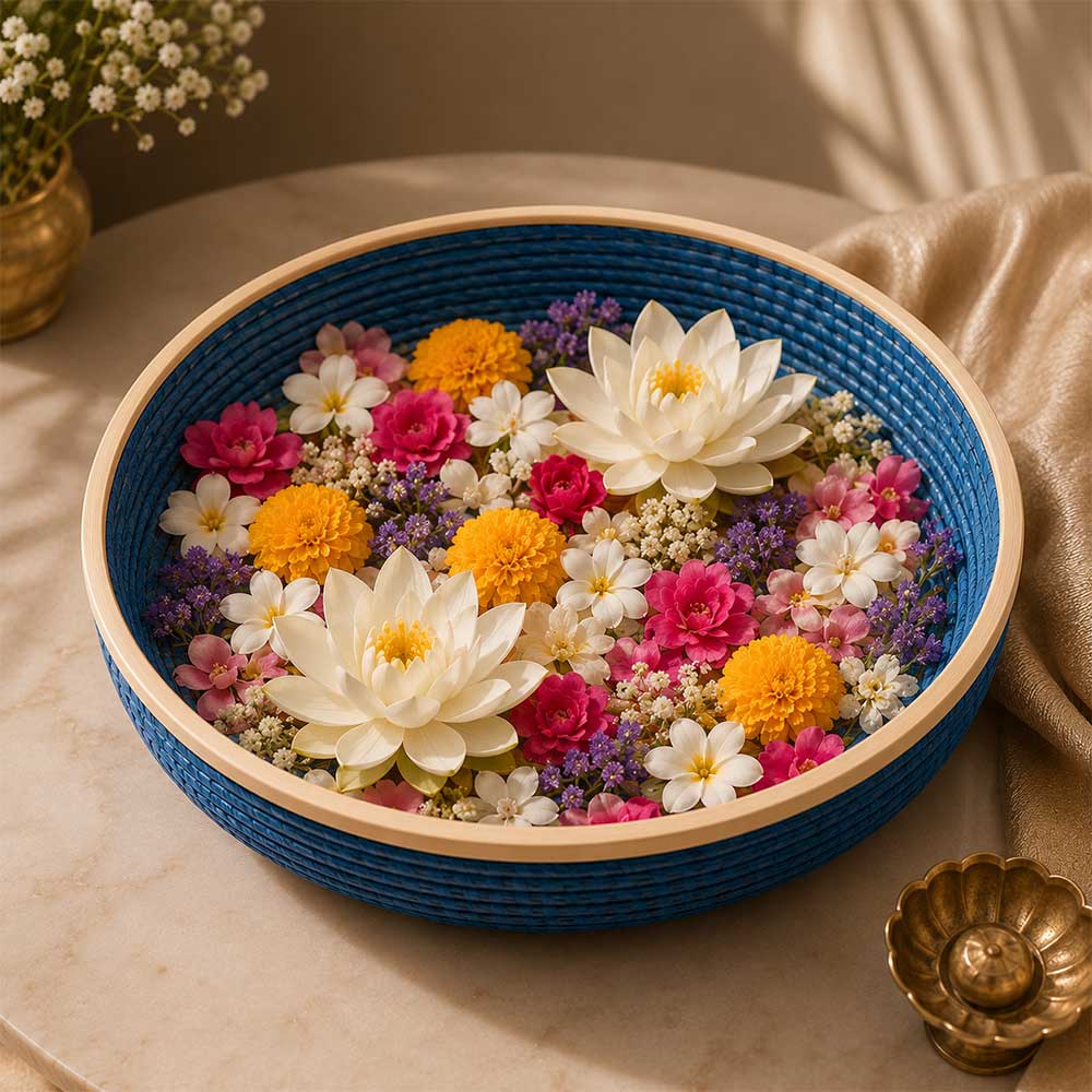 Kashi Grass Teal Woven Serving Tray with Polished Wood Base