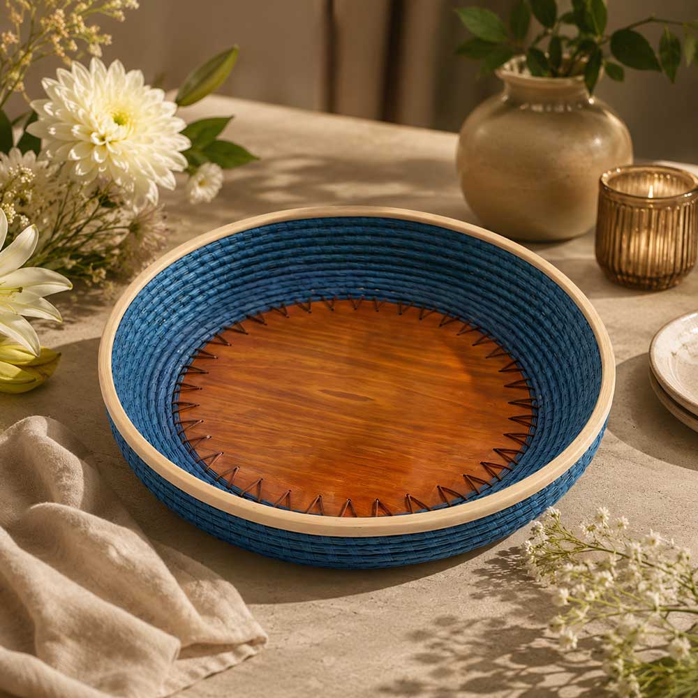 Kashi Grass Teal Woven Serving Tray with Polished Wood Base