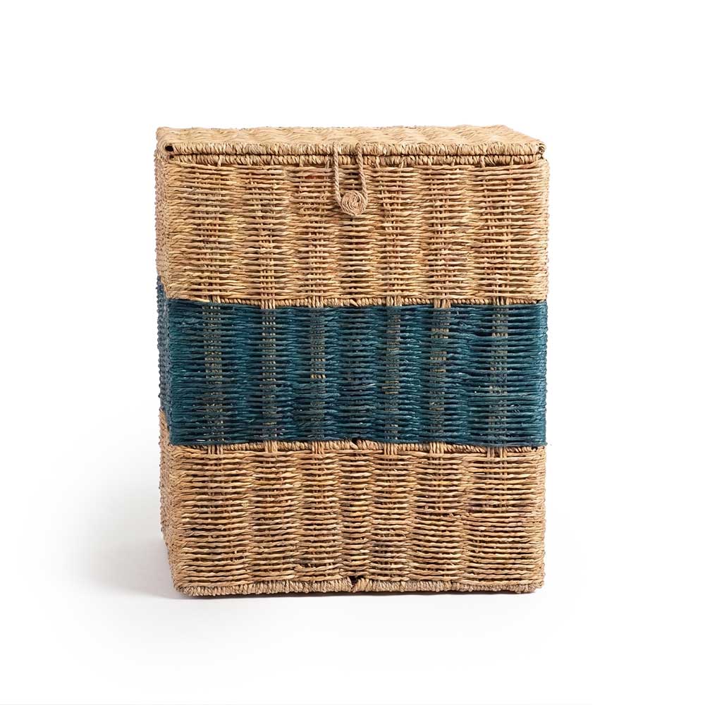 Handwoven Sabai Grass Lidded Storage Box with Teal Stripe