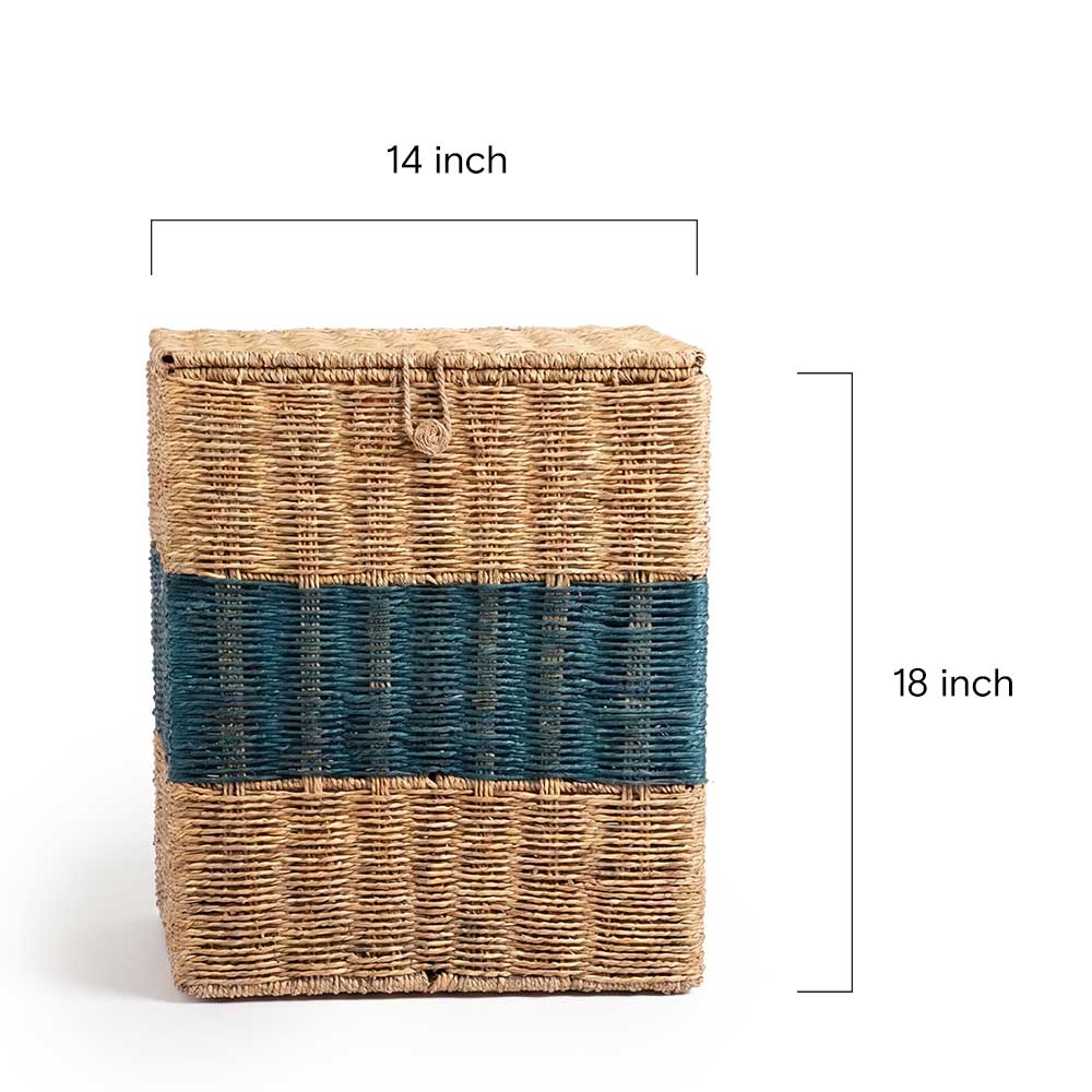 Handwoven Sabai Grass Lidded Storage Box with Teal Stripe