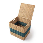 Handwoven Sabai Grass Lidded Storage Box with Teal Stripe