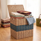Handwoven Sabai Grass Lidded Storage Box with Teal Stripe