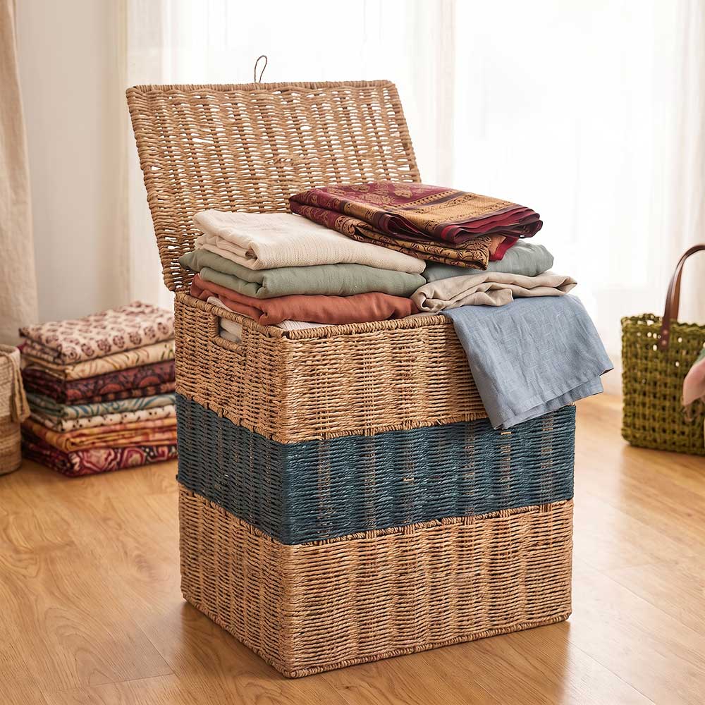 Handwoven Sabai Grass Lidded Storage Box with Teal Stripe