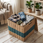 Handwoven Sabai Grass Lidded Storage Box with Teal Stripe