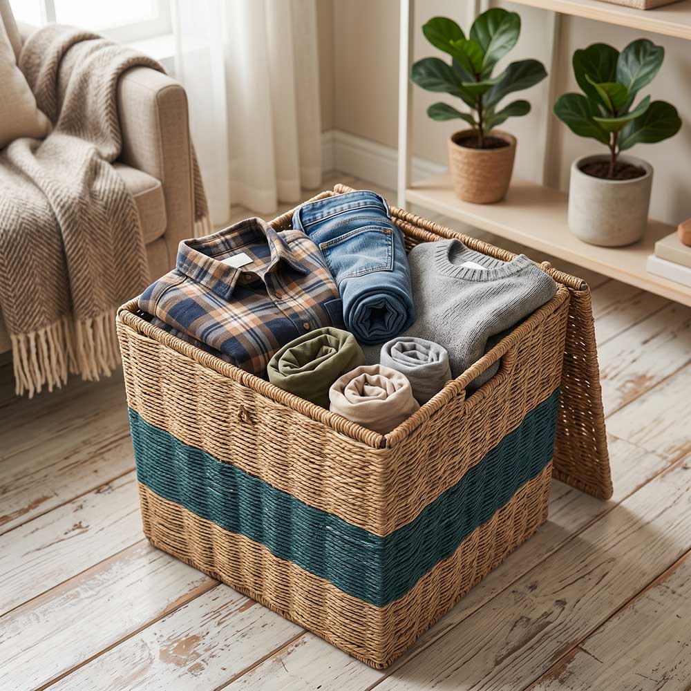 Handwoven Sabai Grass Lidded Storage Box with Teal Stripe