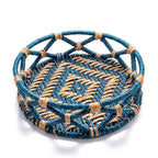 Round Sabai Grass Woven Storage Tray in Teal and Natural