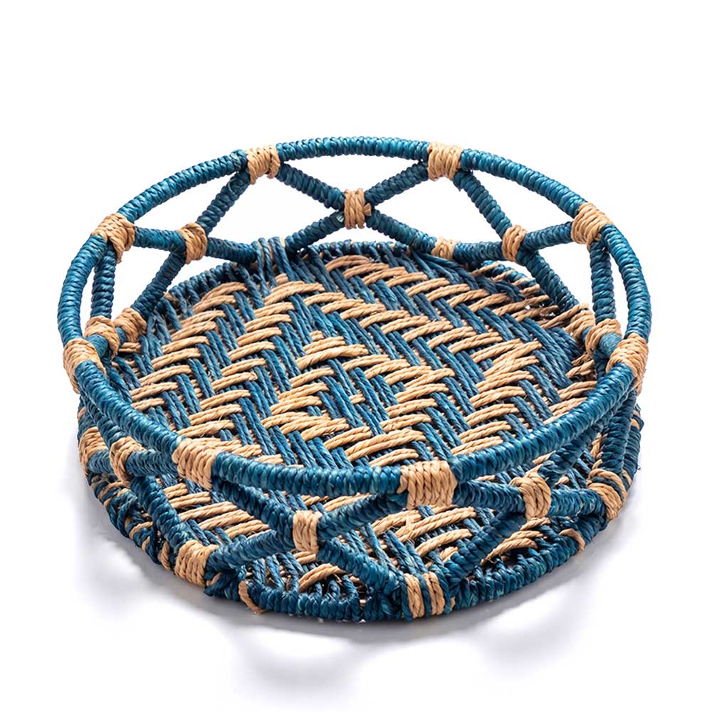 Round Sabai Grass Woven Storage Tray in Teal and Natural