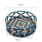 Round Sabai Grass Woven Storage Tray in Teal and Natural