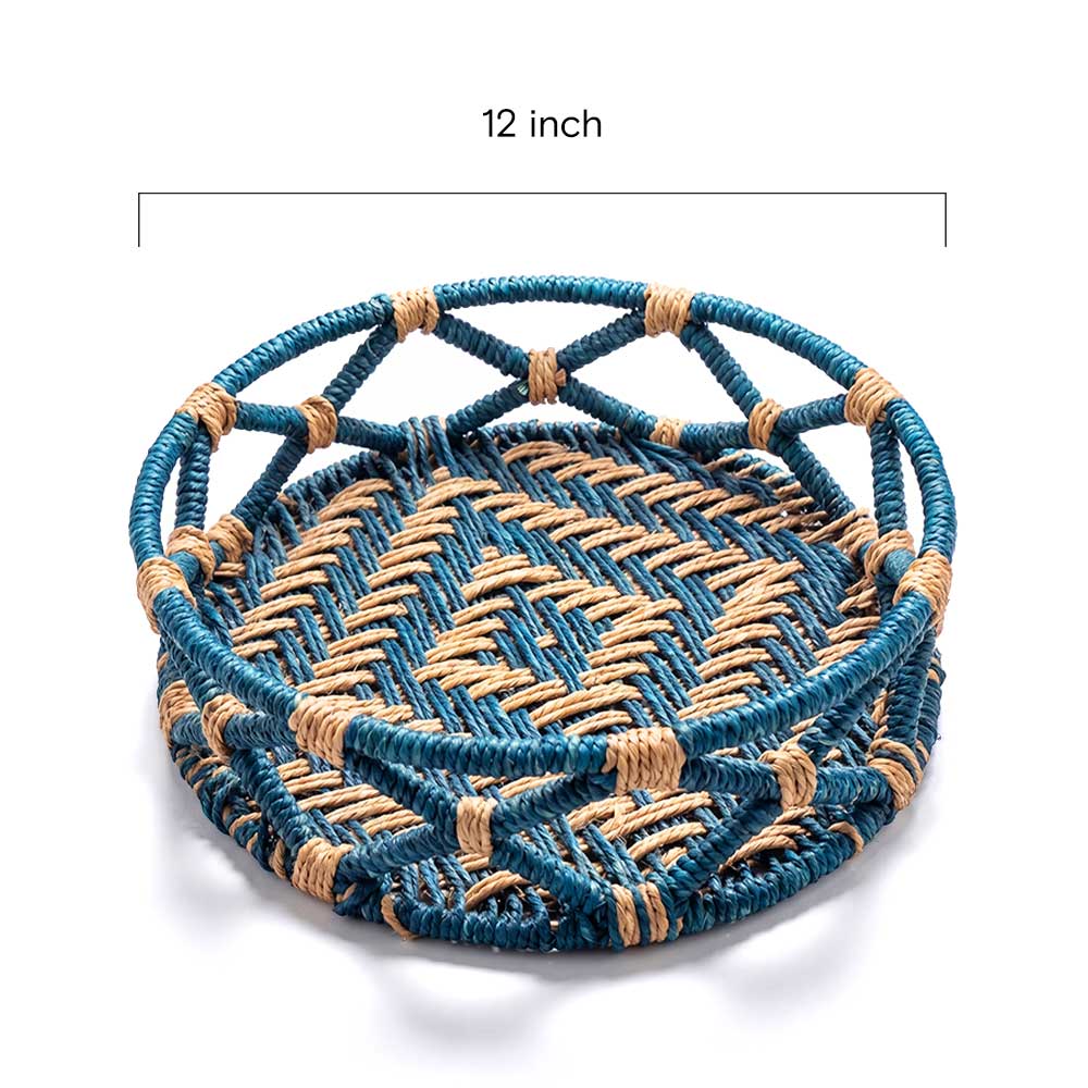 Round Sabai Grass Woven Storage Tray in Teal and Natural