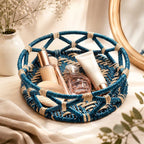 Round Sabai Grass Woven Storage Tray in Teal and Natural