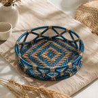 Round Sabai Grass Woven Storage Tray in Teal and Natural