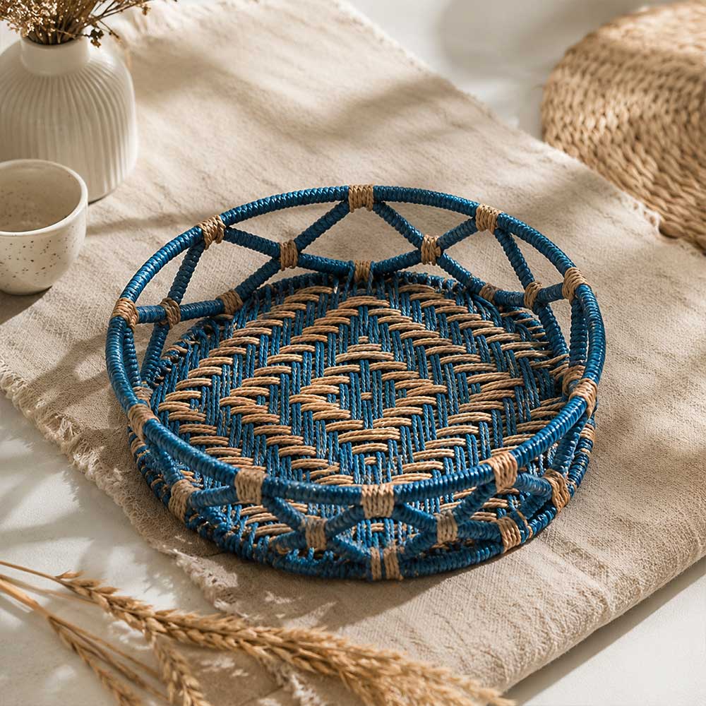 Round Sabai Grass Woven Storage Tray in Teal and Natural