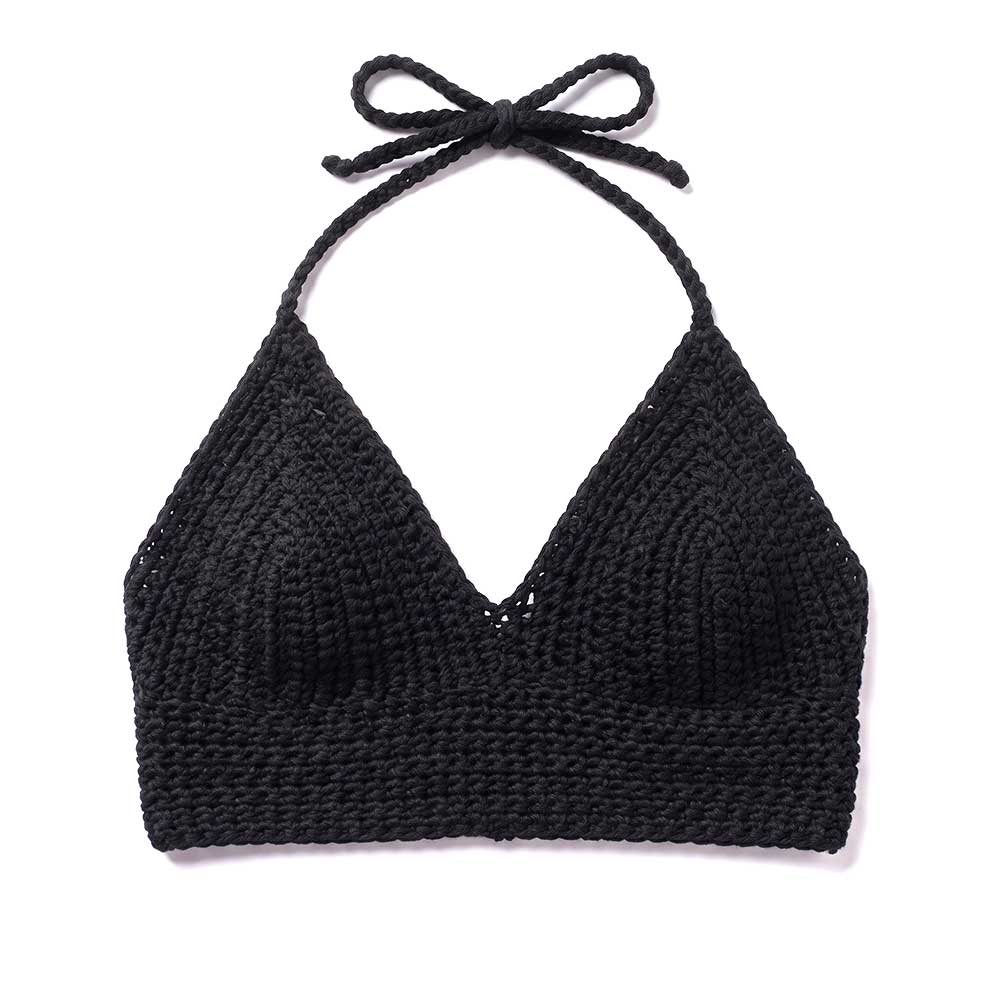 Side angle of crochet bikini top.