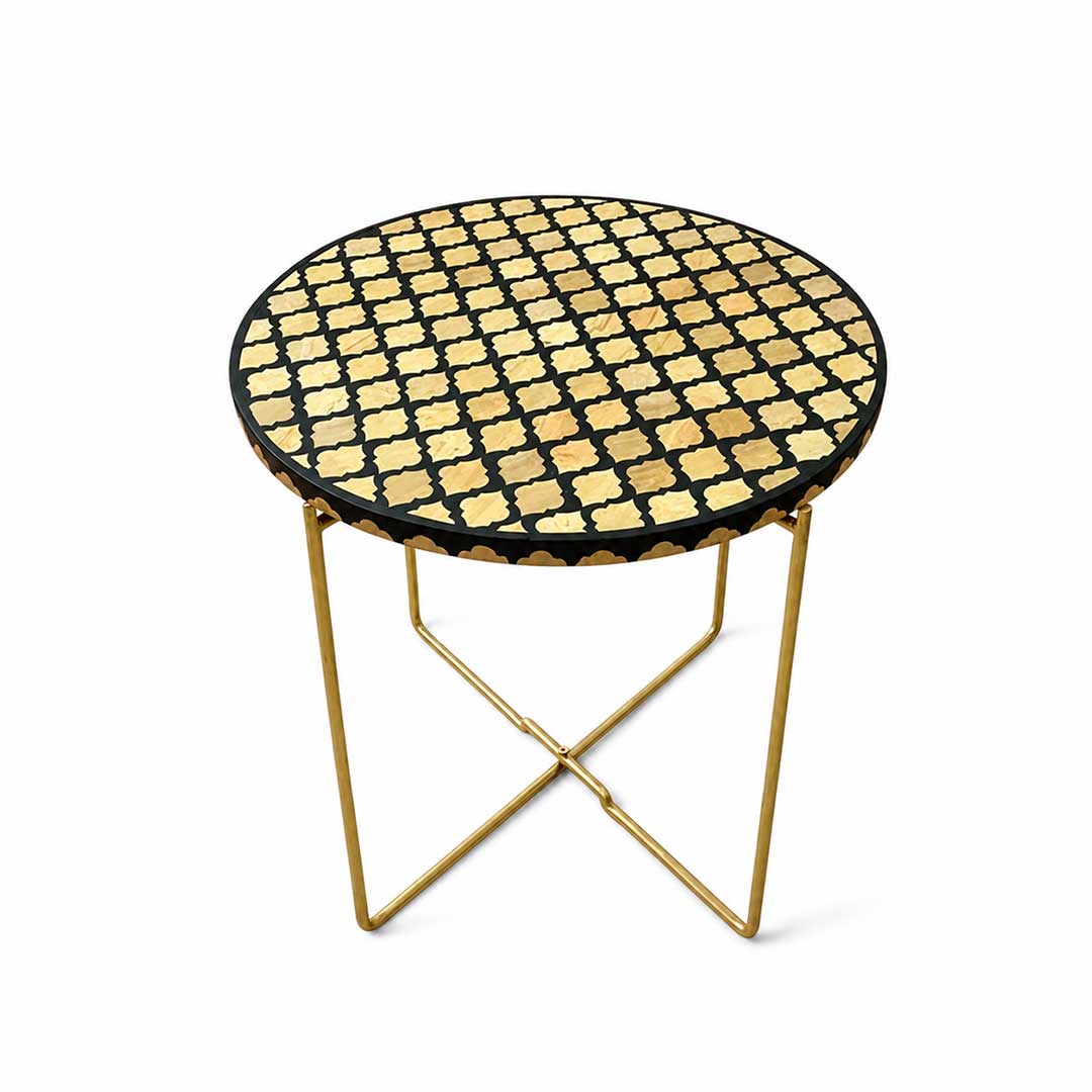 Handmade Round Trellis Inlay Side Table with Gold Base