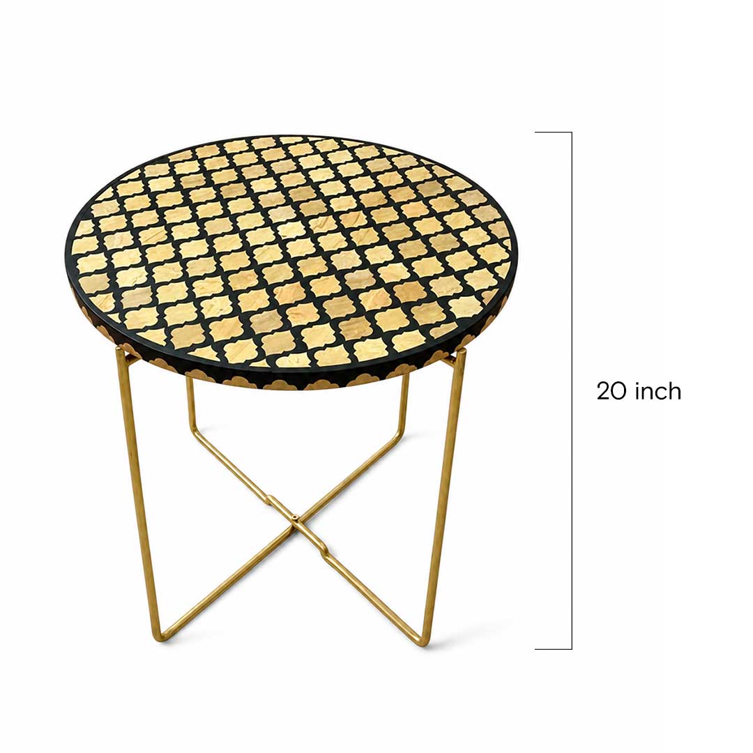 Handmade Round Trellis Inlay Side Table with Gold Base