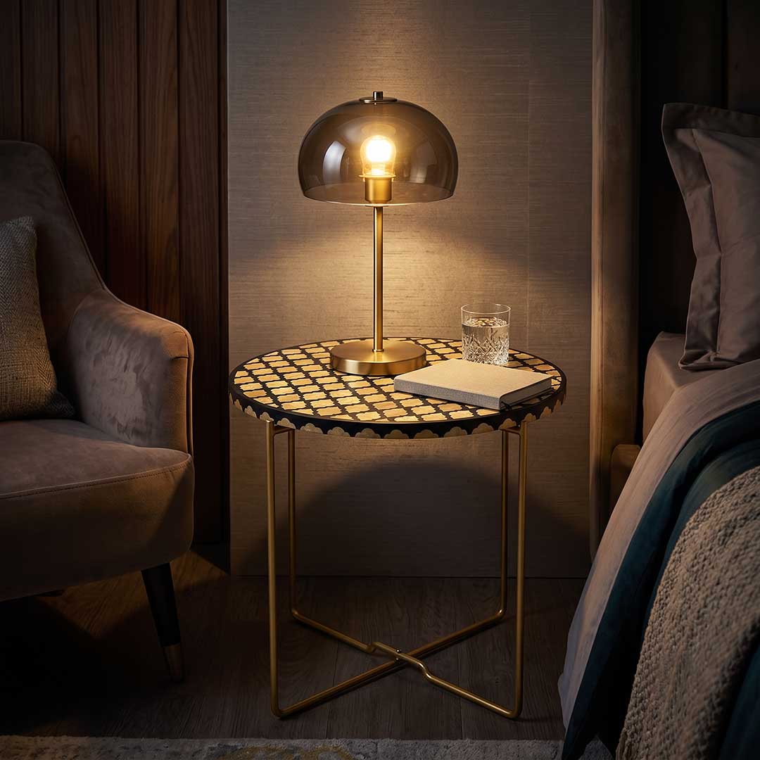 Handmade Round Trellis Inlay Side Table with Gold Base