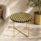 Handmade Round Trellis Inlay Side Table with Gold Base