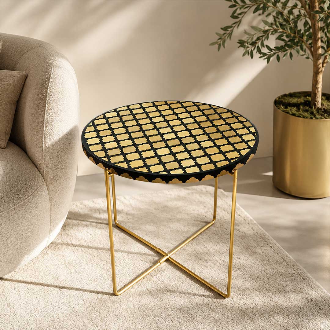 Handmade Round Trellis Inlay Side Table with Gold Base