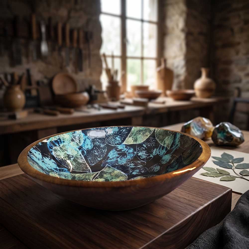 Side angle of round enamel printed mango wood decorative bowl highlighting the natural wood grain and curved rim