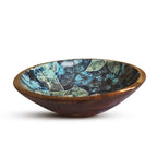 Overhead top-down view of botanical enamel printed mango wood bowl displaying glossy leaf pattern and brass leaf detail
