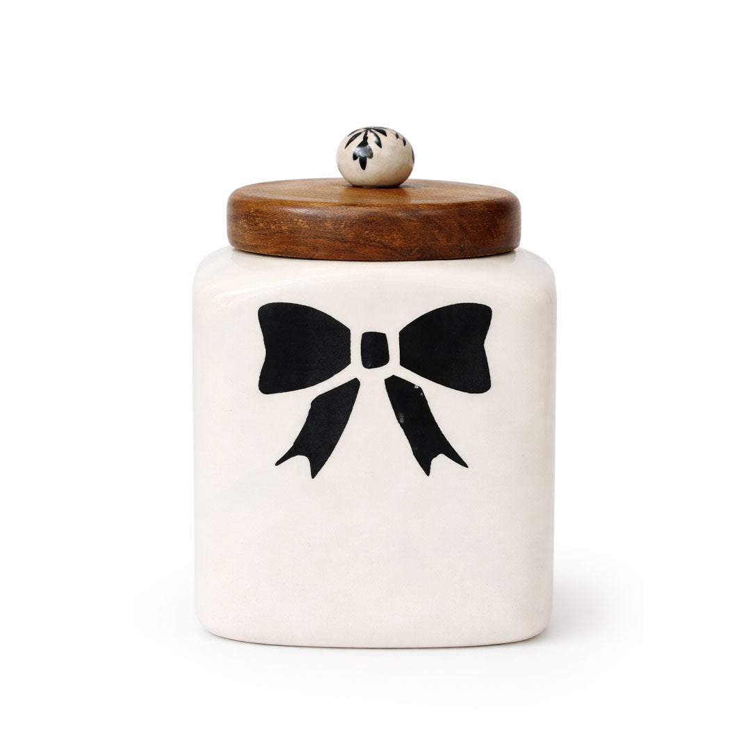 Ceramic Canister with Black Bow and Wooden Lid