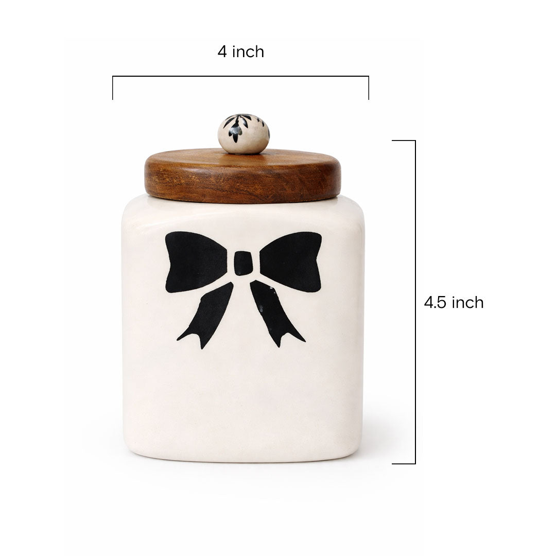 Ceramic Canister with Black Bow and Wooden Lid