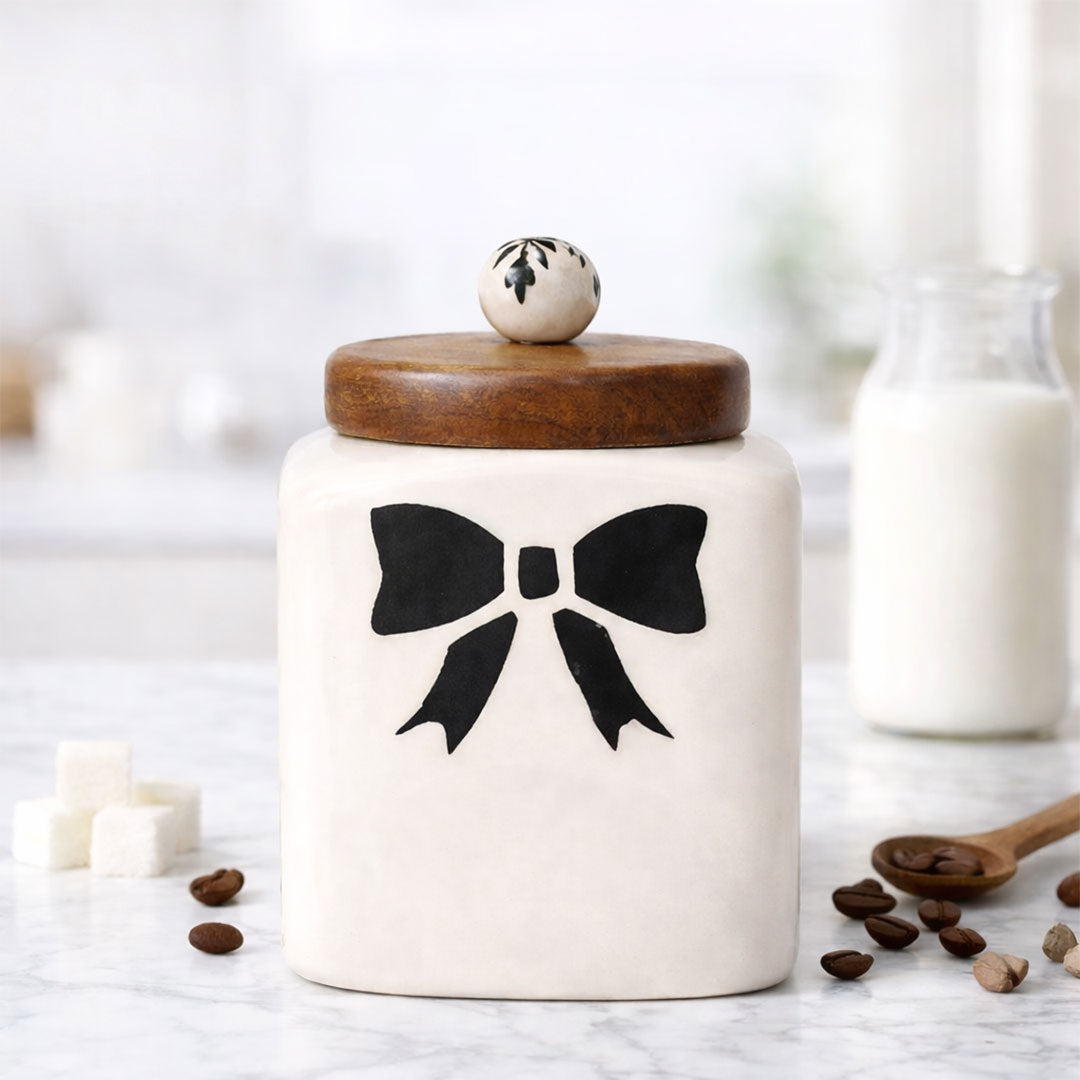 Ceramic Canister with Black Bow and Wooden Lid