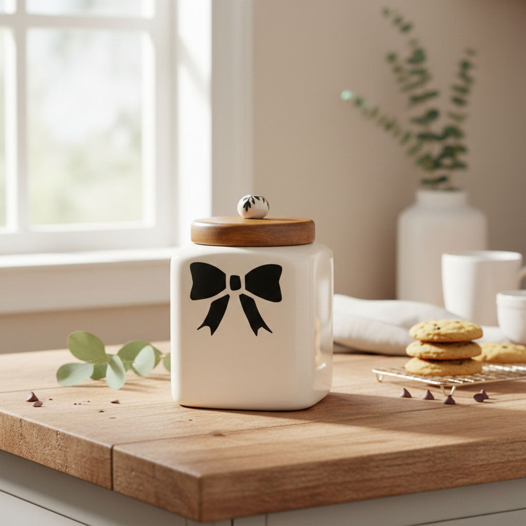Ceramic Canister with Black Bow and Wooden Lid