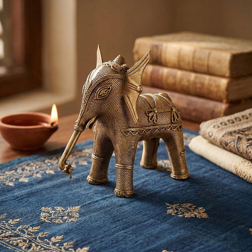 Bronze elephant figurine on a blue embroidered fabric with books and a candle in the background.