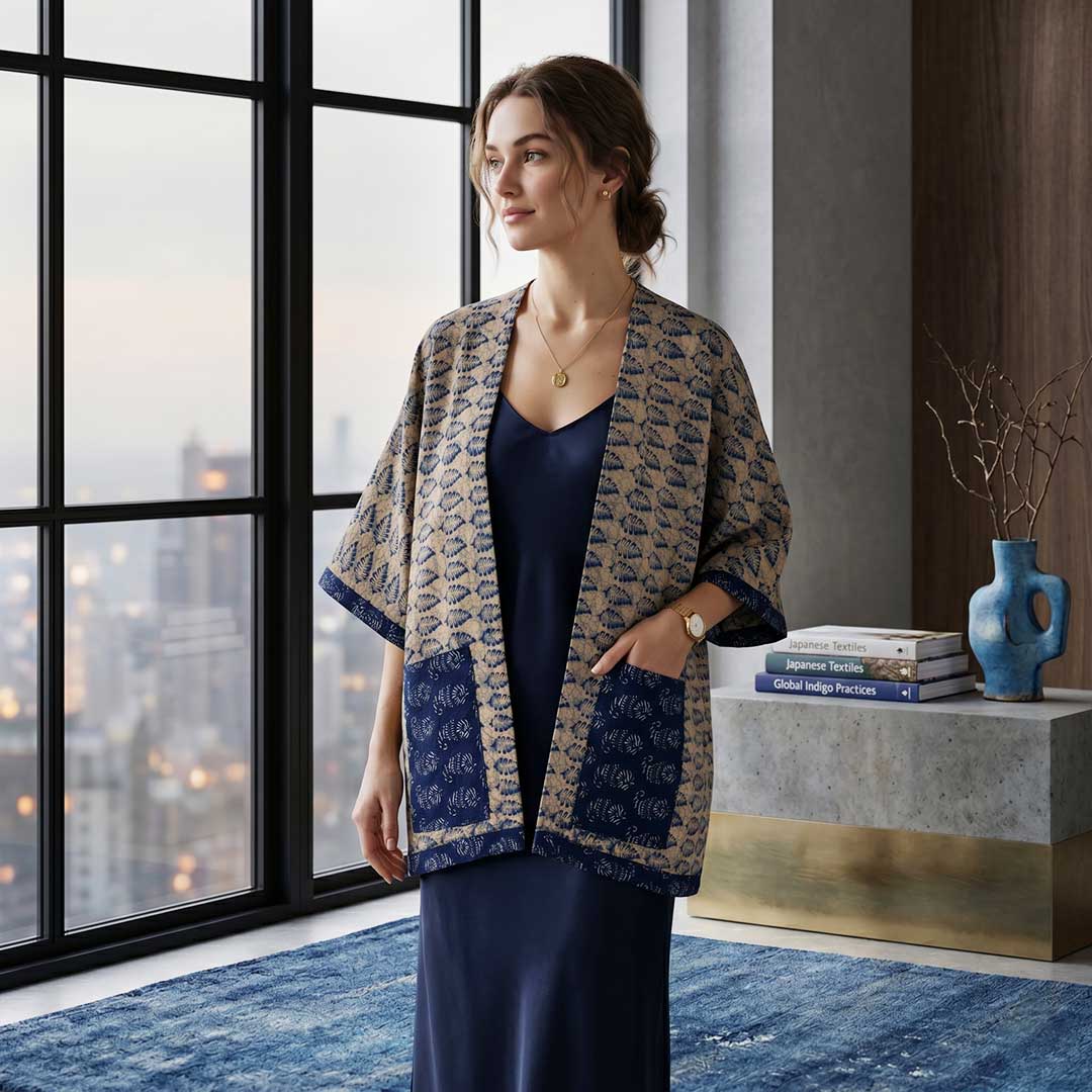 Blue Leaf Block Print Handmade Cotton Overcoat