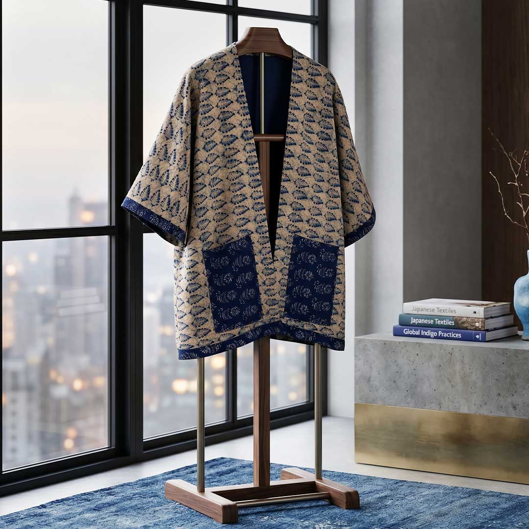 Blue Leaf Block Print Handmade Cotton Overcoat
