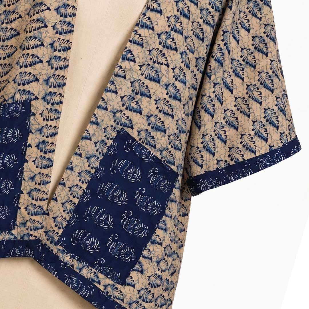 Blue Leaf Block Print Handmade Cotton Overcoat