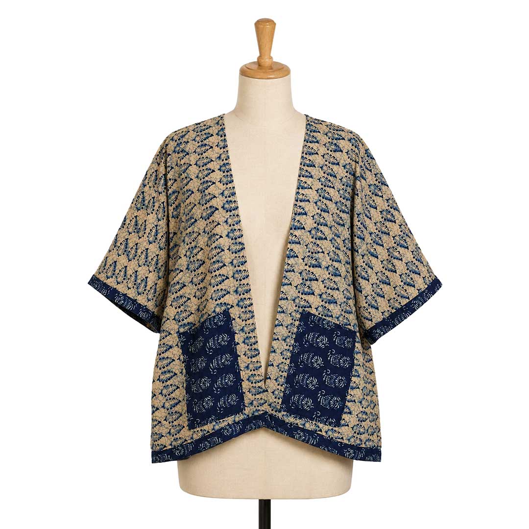 Blue Leaf Block Print Handmade Cotton Overcoat